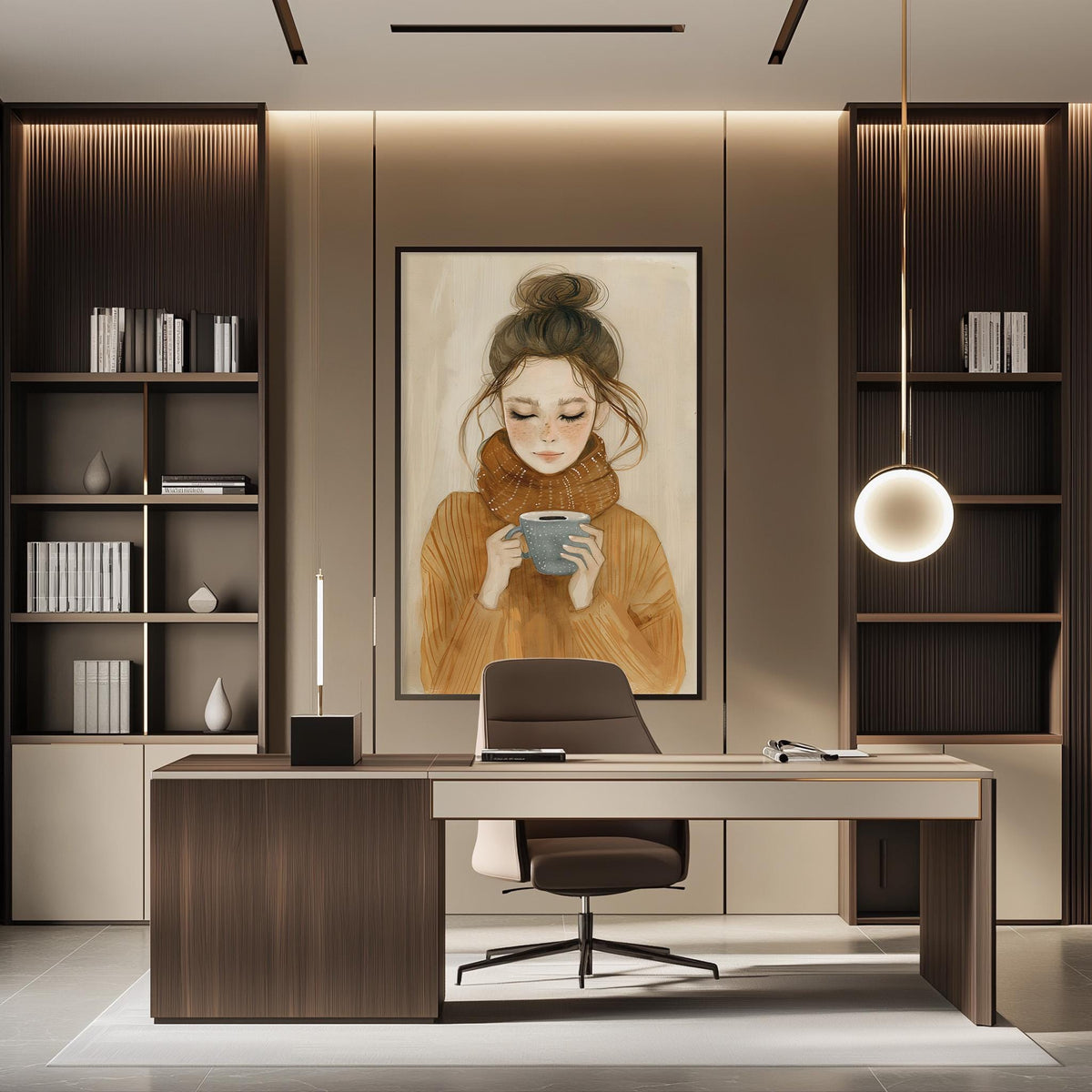 a modern office space with a large painting of a woman drinking coffee as the focal point. The office has a wooden desk, a comfortable chair, and a bookshelf filled with books. The overall design and decor create a warm and inviting atmosphere.