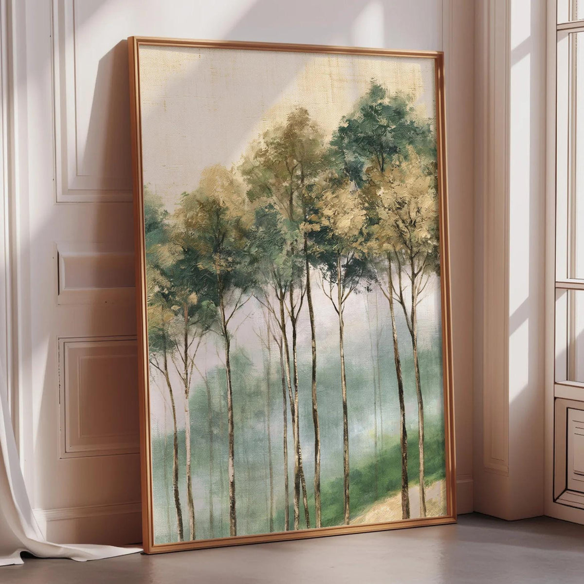 a large painting of trees in a forest, displayed on a wall in a room with a window.