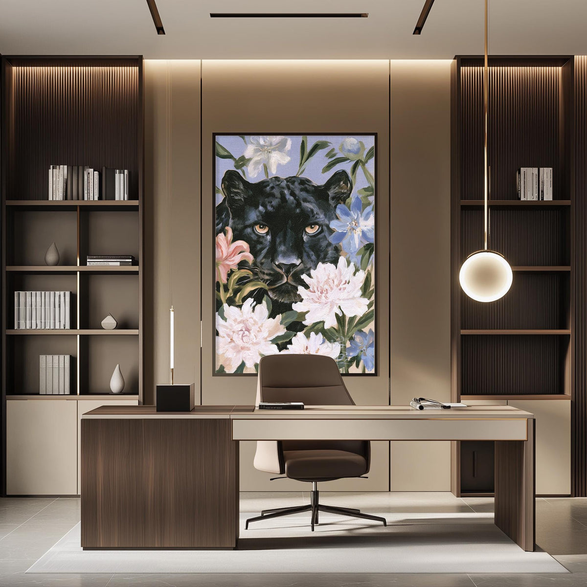 a modern and stylish office space with a large framed painting of a black panther surrounded by flowers on the wall. The office features a wooden desk, a comfortable chair, and a bookshelf filled with books and decorative items.