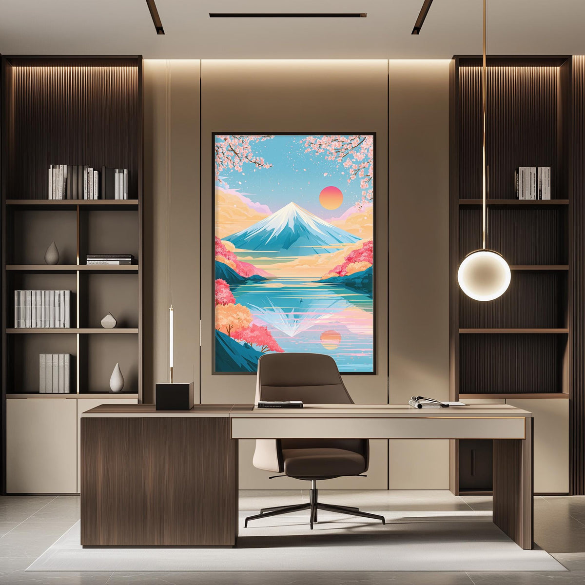a modern office space with a large, colorful painting of a mountain landscape hanging on the wall above a desk with a chair.