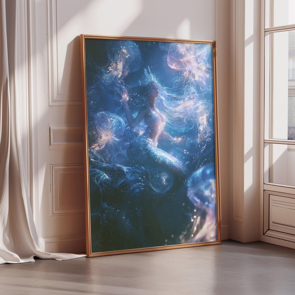 a large, framed painting depicting a mermaid surrounded by swirling, ethereal blue and purple lights.