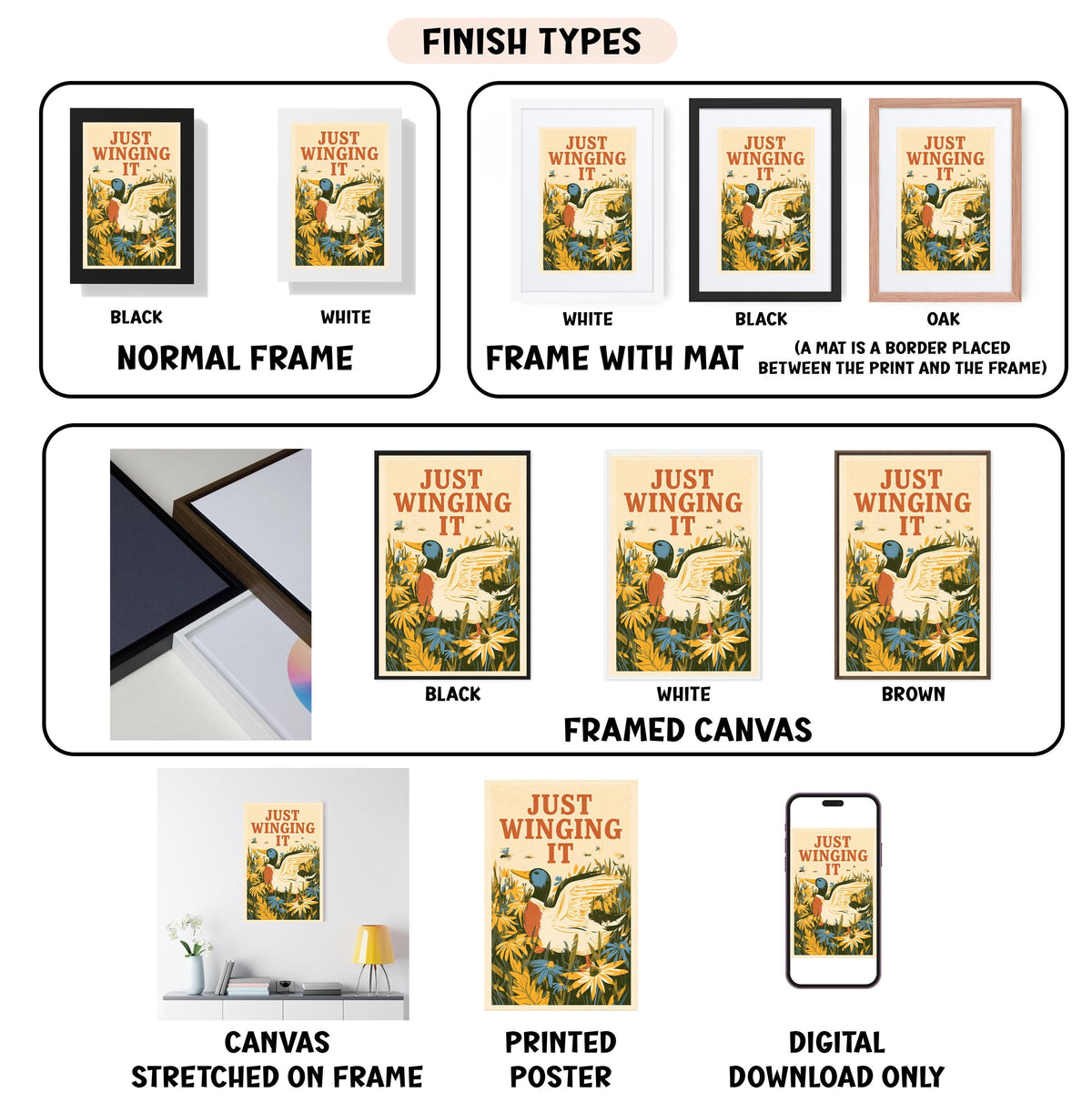 various types of artwork, including framed prints, canvas prints, and digital art, each with different finishes and frame types.