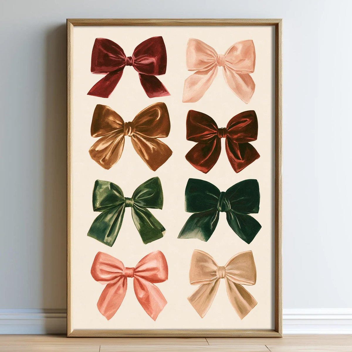 a collection of nine bows in various colors and styles, arranged in a grid-like pattern within a framed display.