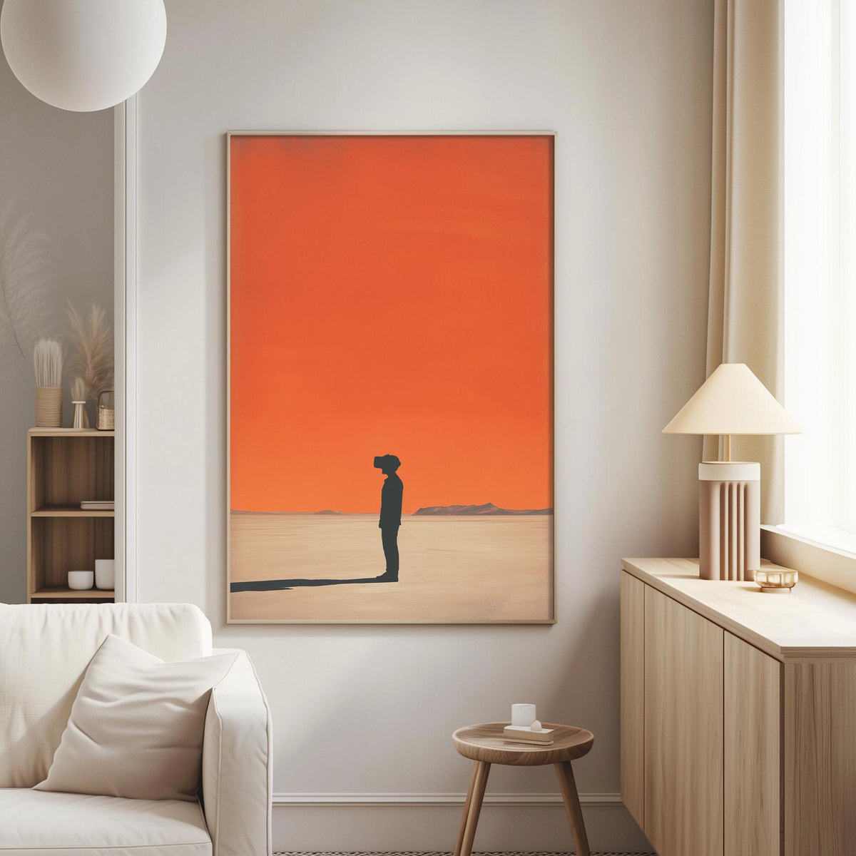 a living room with a large orange painting hanging on the wall, depicting a person standing in a desert landscape.