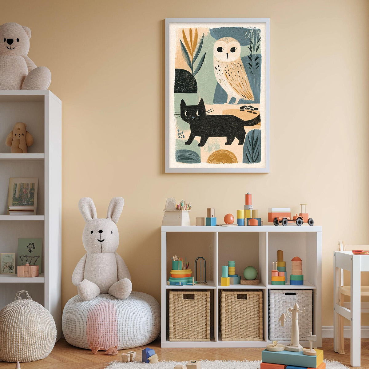 A cozy children's room with a white bookshelf, a plush rabbit, a stuffed owl, and a colorful toy box filled with toys. The room also features a framed artwork of a cat and an owl on the wall, and a shelf with various toys and books.