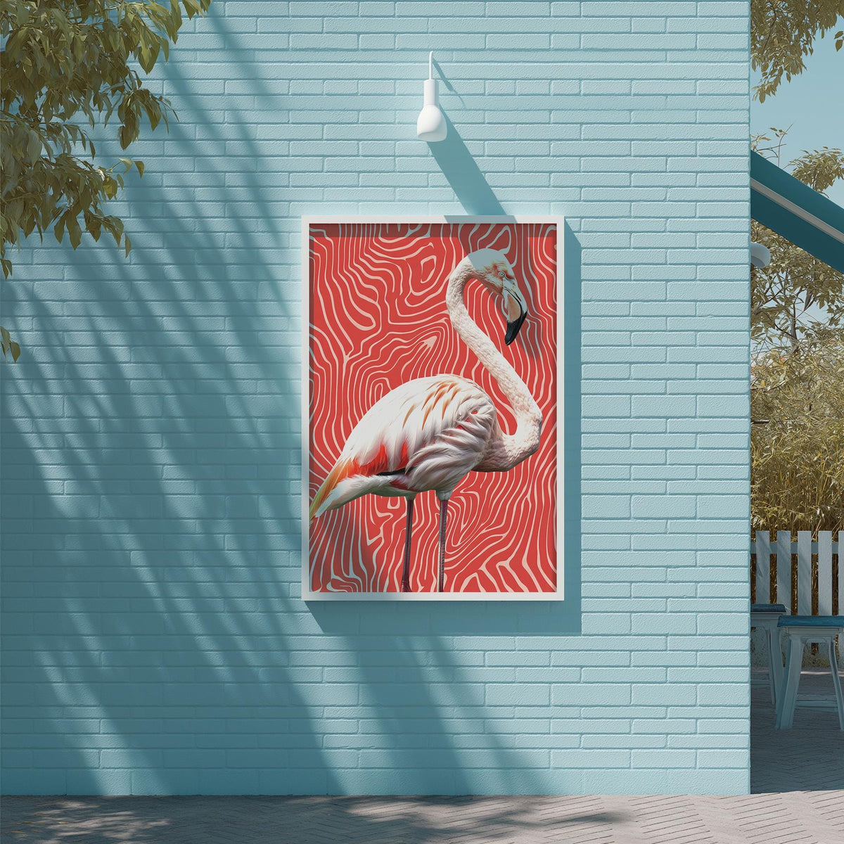 a vibrant painting of a flamingo on a blue wall, with a white light fixture above it.