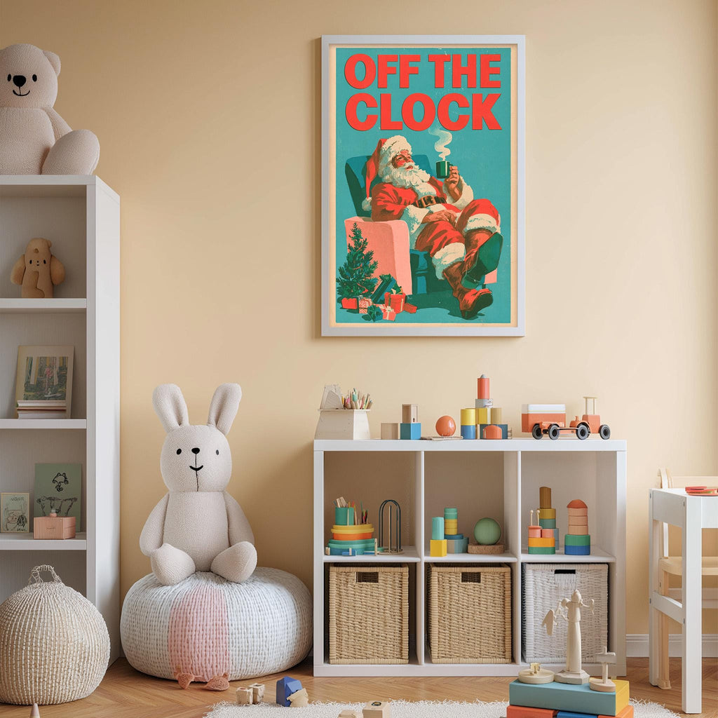 A child's bedroom with a large poster of Santa Claus on the wall, a white bookshelf filled with toys, and a white bean bag chair.
