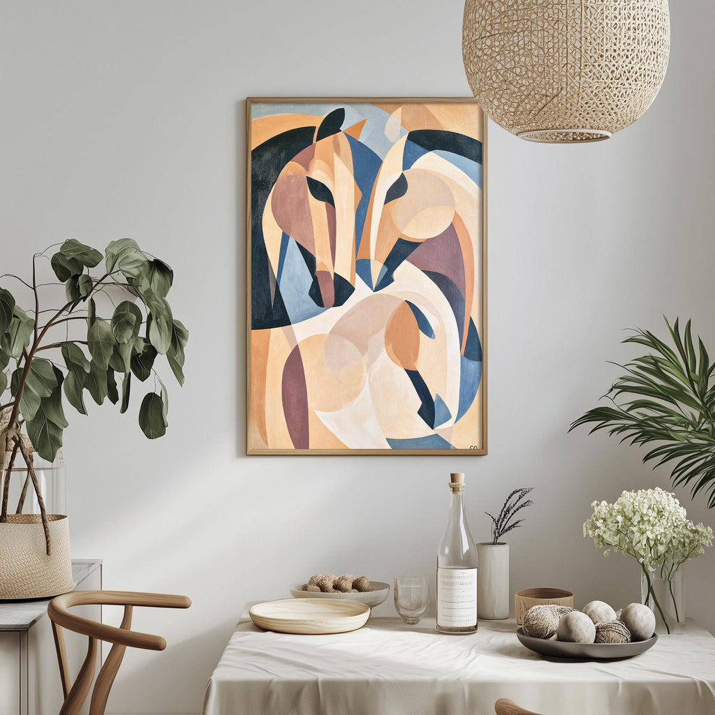 a modern dining room with a large abstract painting hanging on the wall above a table set with various items.