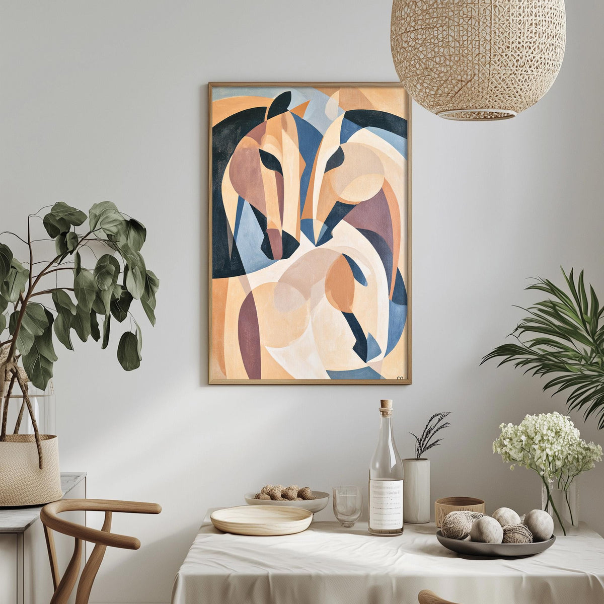 a modern dining room with a large abstract painting hanging on the wall above a table set with various items.
