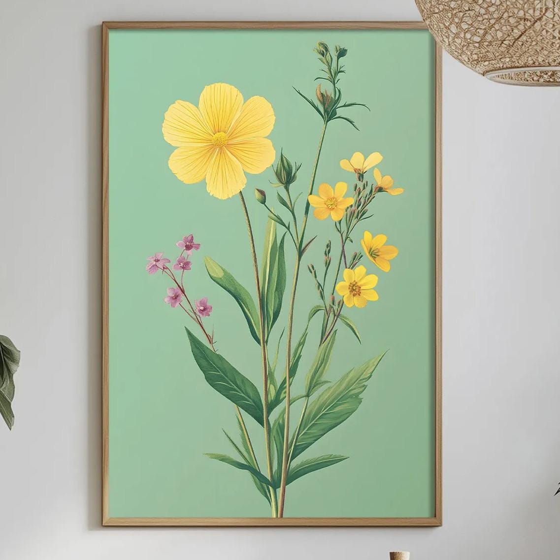 a dining table with a white tablecloth, a bowl of fruit, a bottle, and a vase with flowers. Above the table, there is a framed picture of a plant with yellow flowers and green leaves.