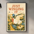 a framed poster with a duck and flowers hanging on a wall above a kitchen counter.