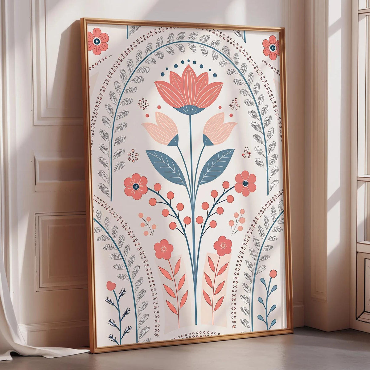 A framed poster with a floral design featuring a large pink flower surrounded by smaller flowers and leaves in shades of blue and green.