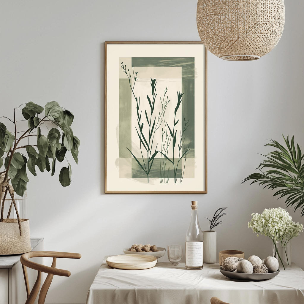 a dining area with a table set for a meal, surrounded by potted plants and a hanging light fixture.