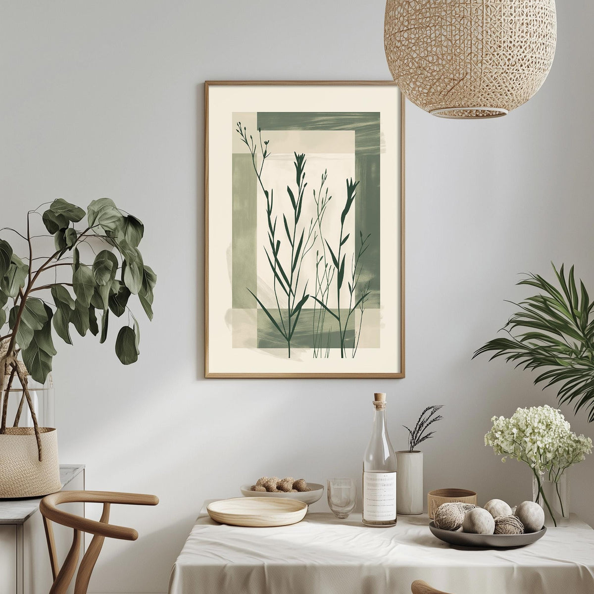 a dining area with a table set for a meal, surrounded by potted plants and a hanging light fixture.