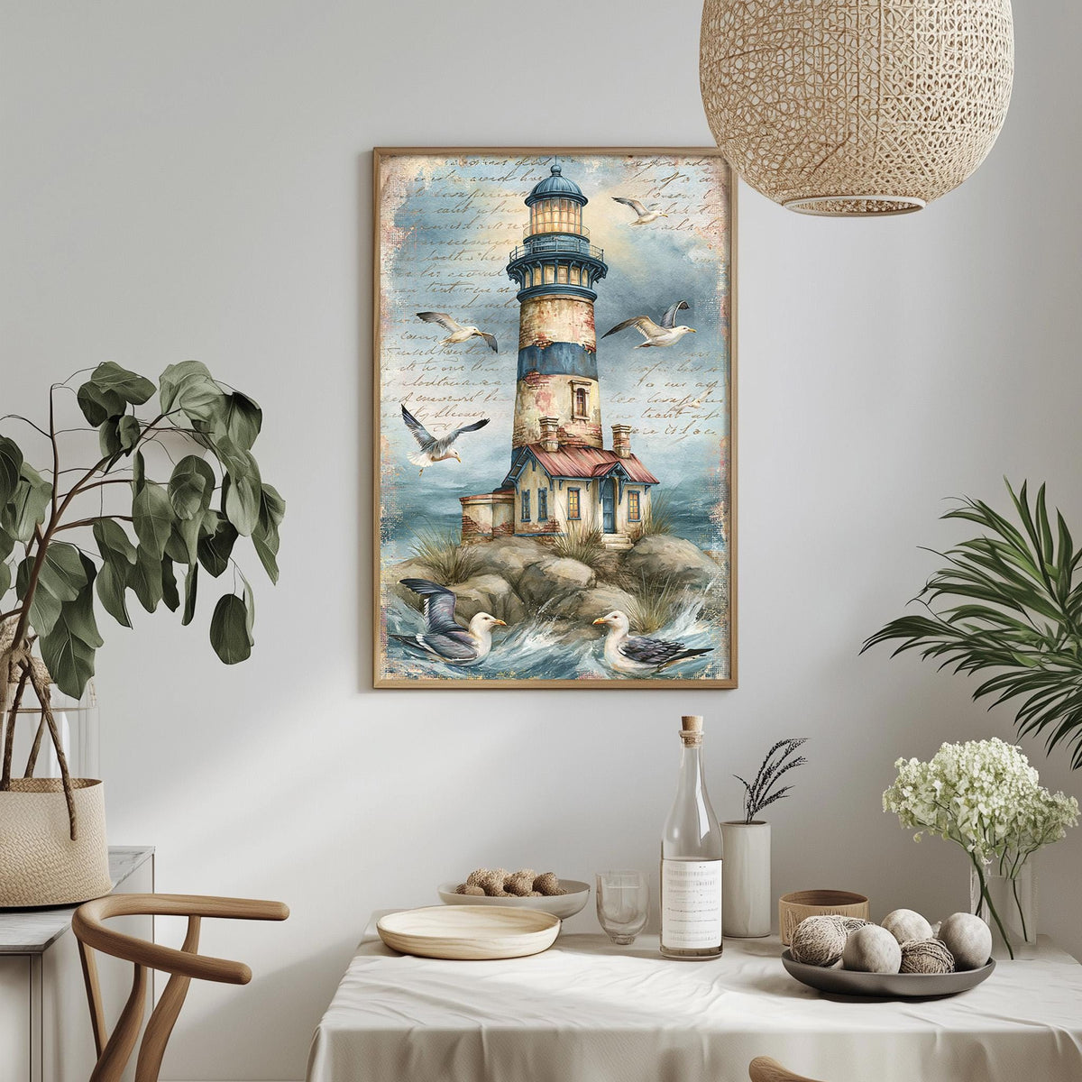 a framed painting of a lighthouse on a wall, with a dining table and chairs in the foreground.
