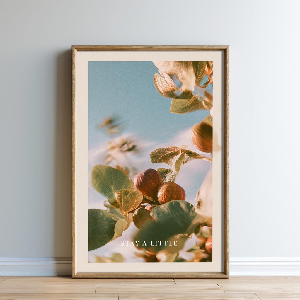 The image is a framed print of a close-up of a plant with leaves and fruits, set against a blurred background of a blue sky.