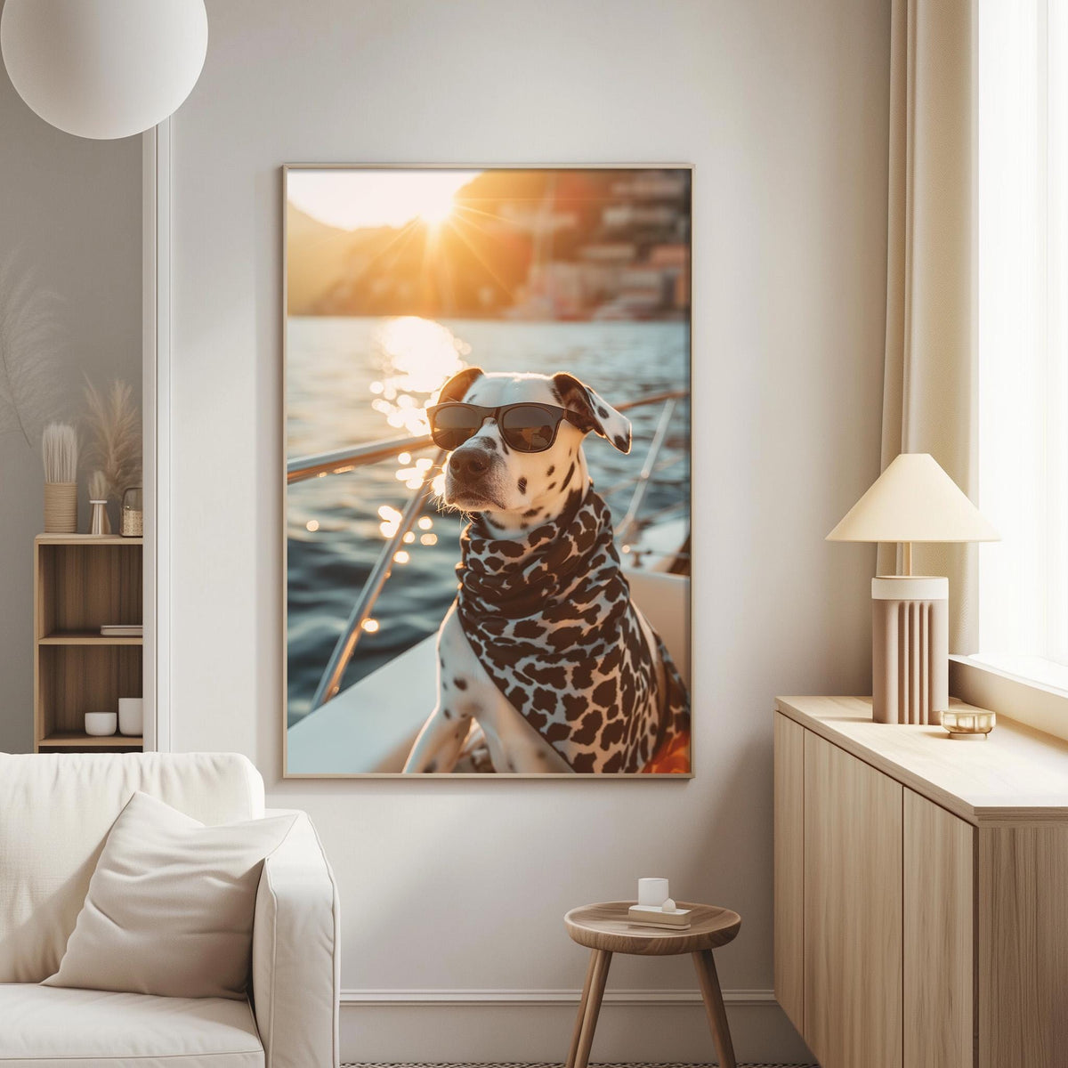 A Dalmatian dog wearing sunglasses is sitting on a boat, with a scenic sunset in the background.