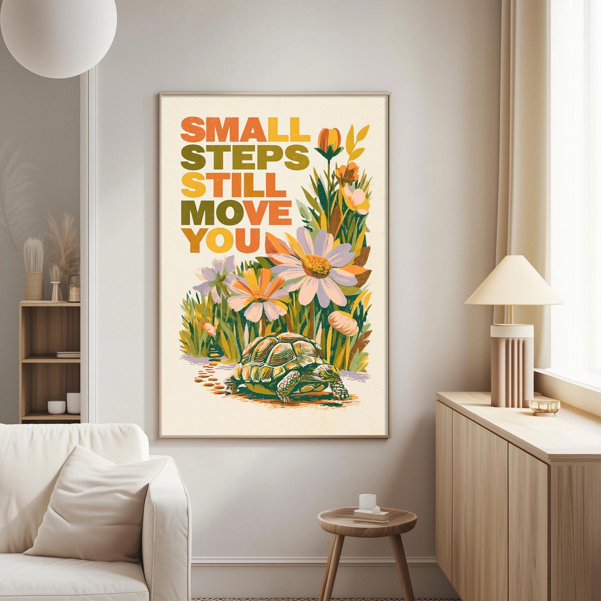 a poster with a turtle and flowers hanging on a wall in a living room.