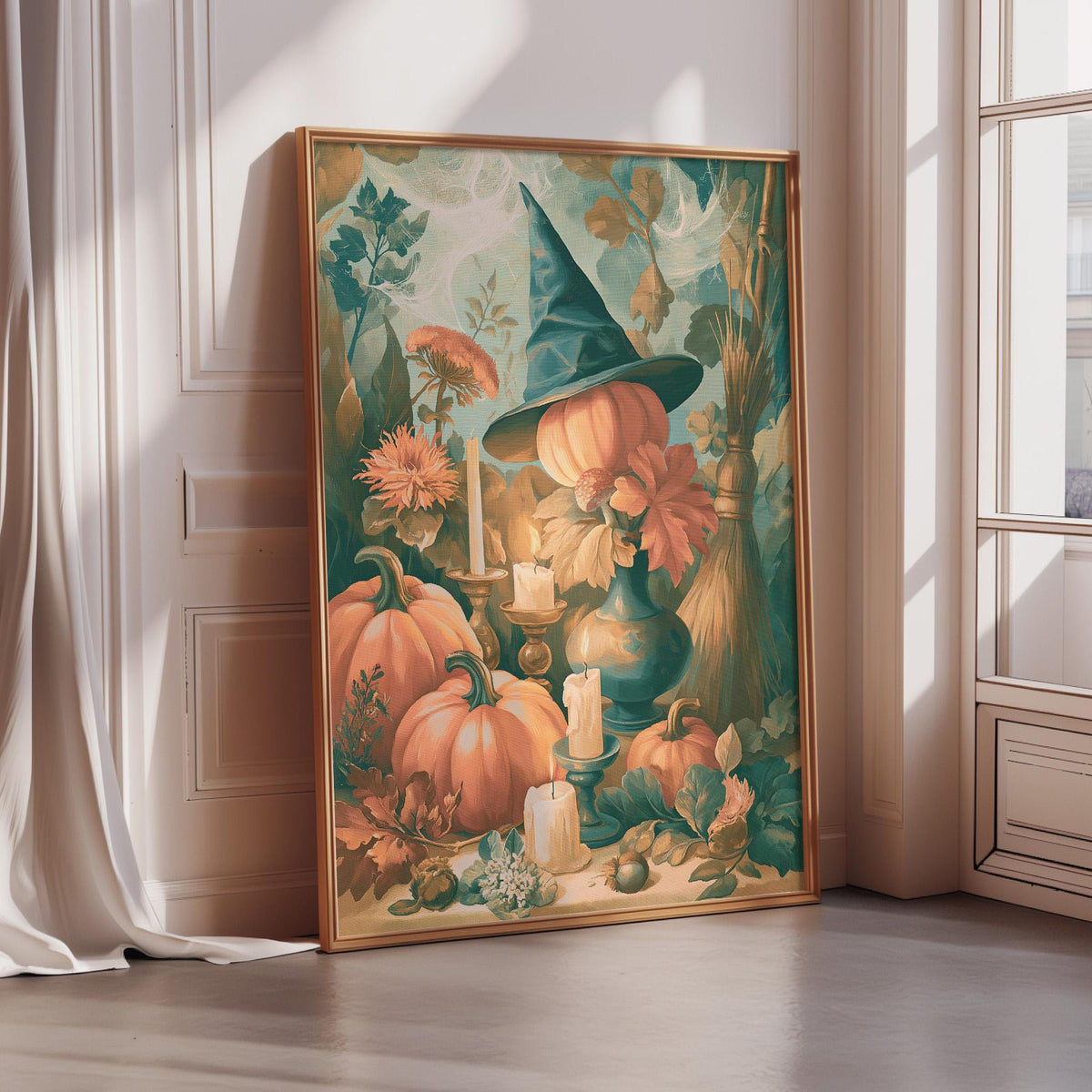 a large painting of a witch surrounded by pumpkins, flowers, and candles, set against a white wall.