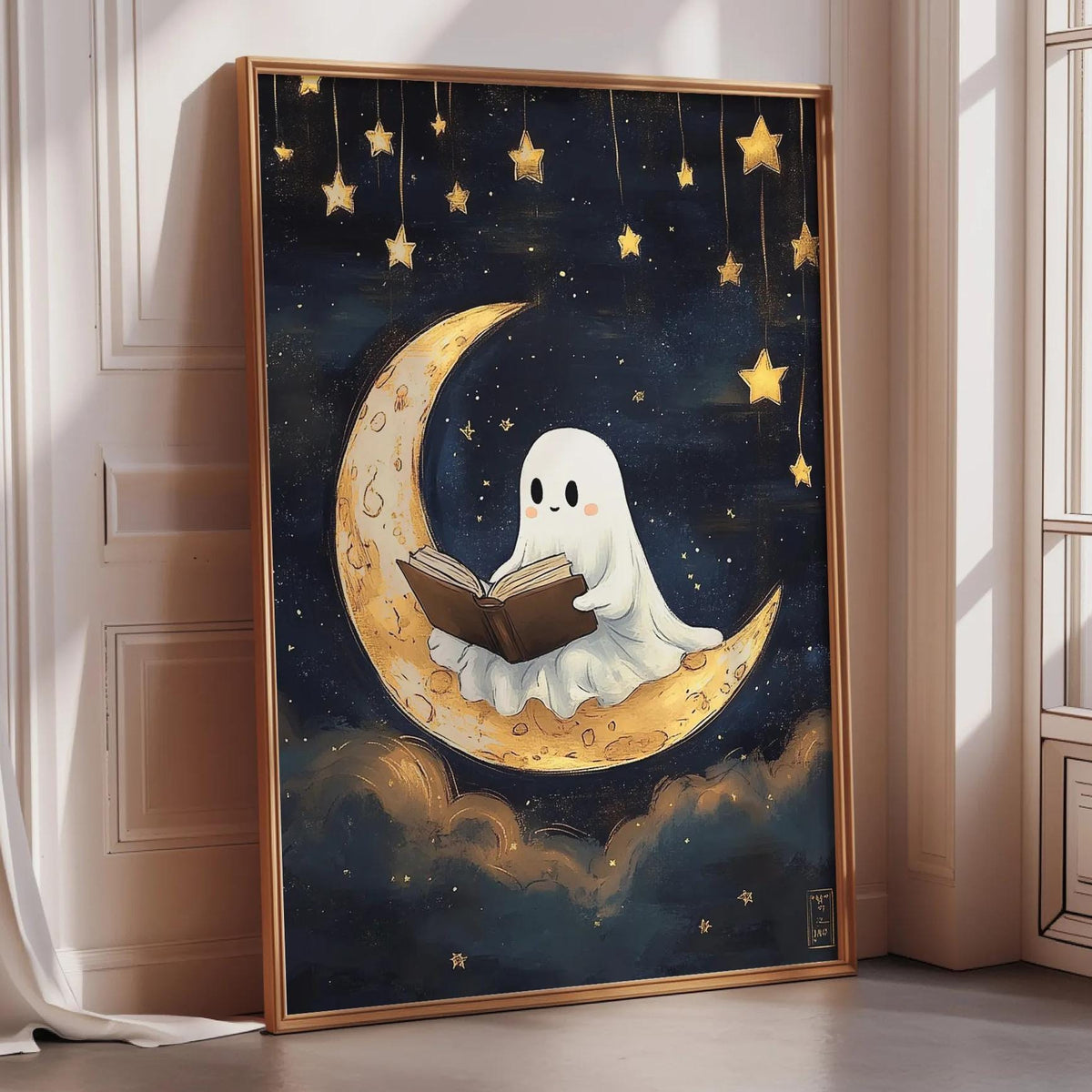 a framed painting depicting a ghost reading a book while sitting on a crescent moon.