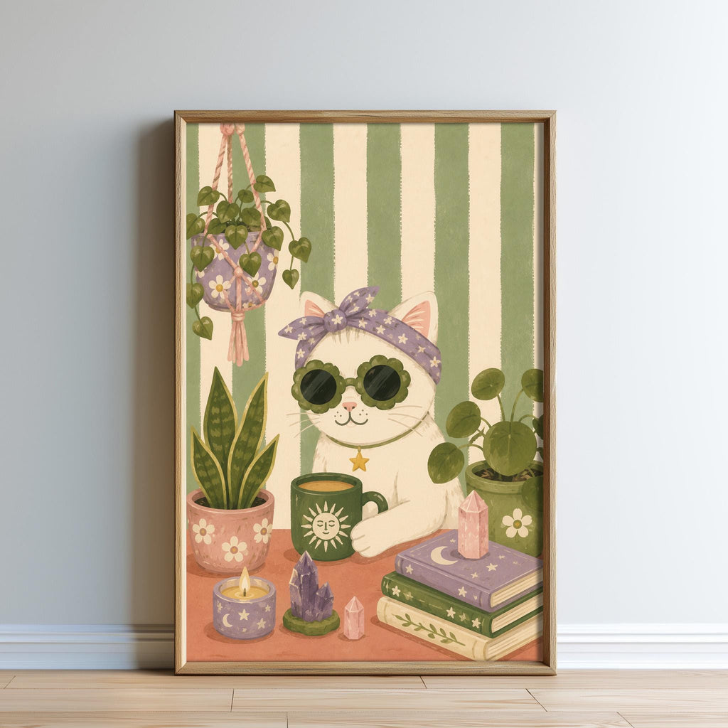 A framed illustration depicting a white cat wearing sunglasses and a headband, surrounded by various objects such as plants, books, and crystals, creating a whimsical and cozy atmosphere.
