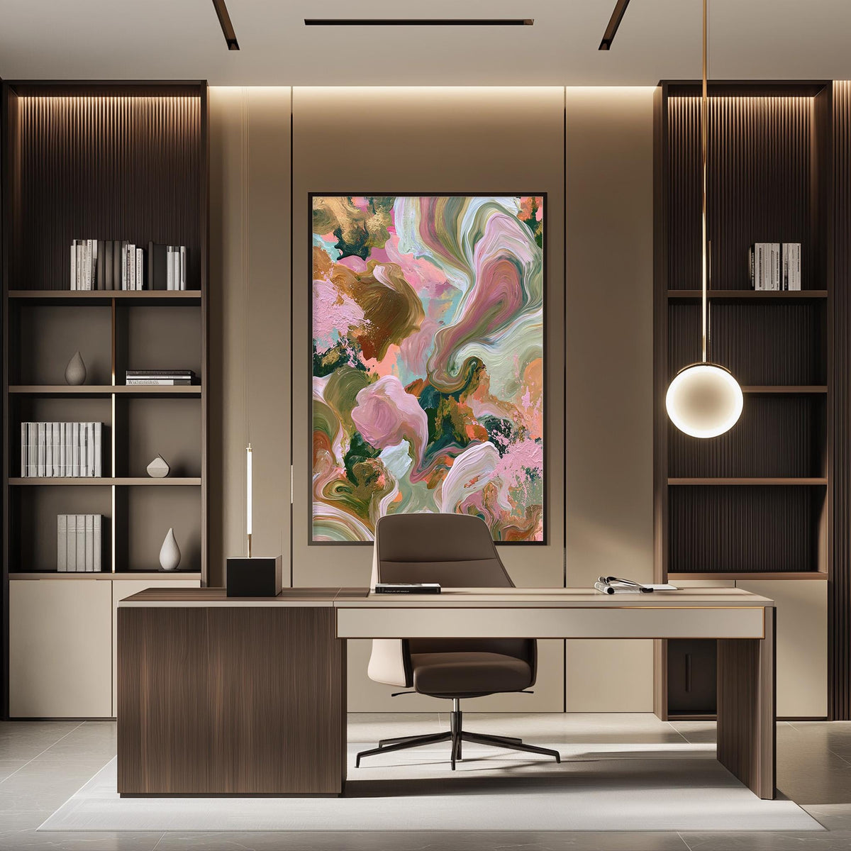 a modern and stylish office space with a large abstract painting on the wall, a wooden desk with a chair, and built-in bookshelves.