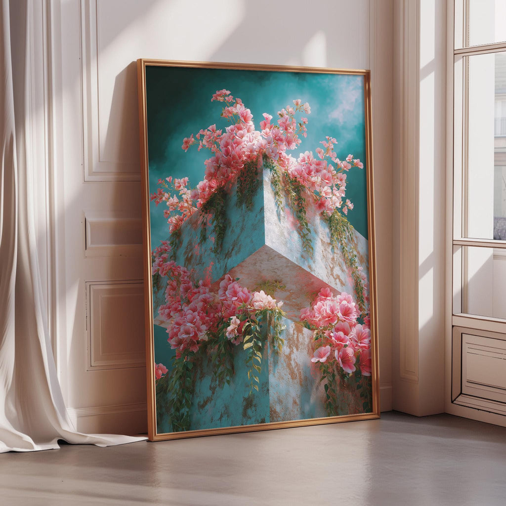 A large framed painting depicting a vibrant floral scene with pink flowers cascading down a blue and white structure, set against a bright blue sky.