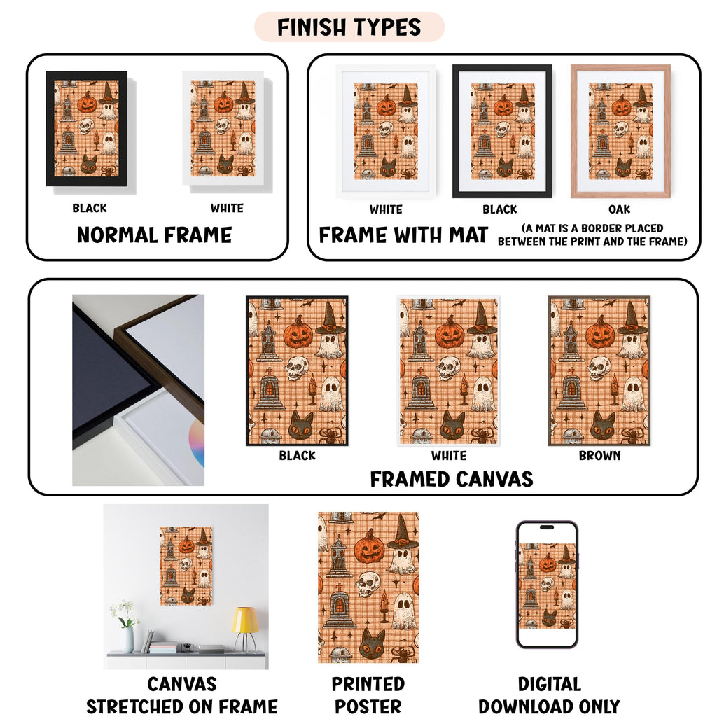various finish types for a Halloween-themed canvas print, including a black and white normal frame, a white frame with a mat, a black frame, a white framed canvas, a black framed canvas, a white stretched on frame, a printed poster, and a digital download only.