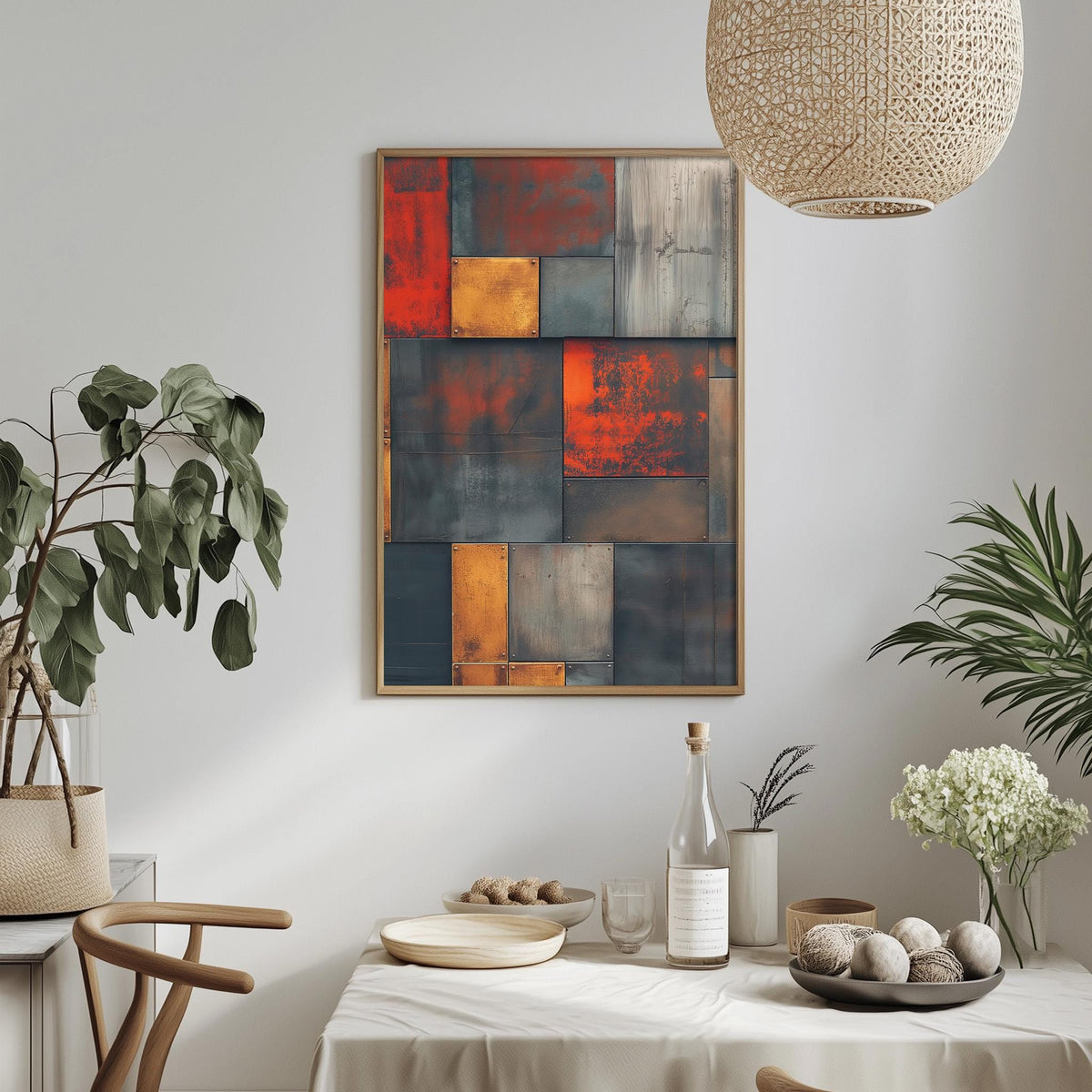 a dining room with a white tablecloth, a bowl of fruit, a bottle, and a plant. Above the table, there is a framed abstract painting with a geometric design in shades of red, orange, and blue.