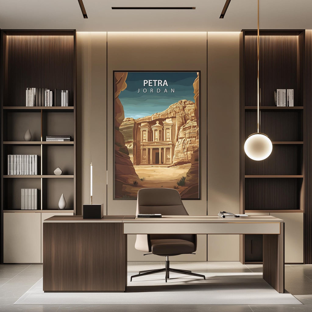 a modern office space with a large framed poster of Petra, Jordan, hanging on the wall. The poster depicts the ancient city of Petra, showcasing its iconic rock-cut architecture. The office has a sleek and minimalist design, with a desk, chair, and shelving units providing a functional workspace.