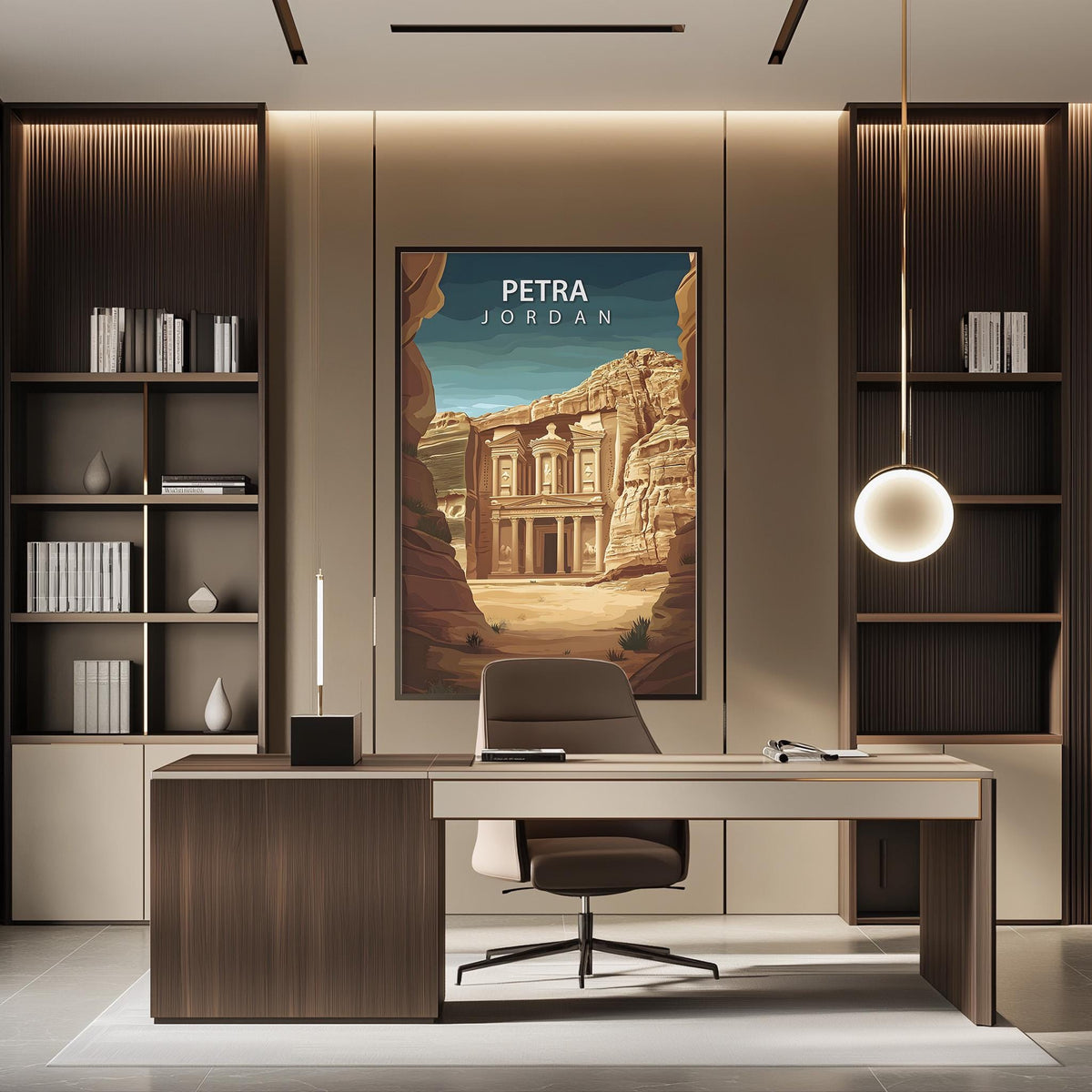 a modern office space with a large framed poster of Petra, Jordan, hanging on the wall. The poster depicts the ancient city of Petra, showcasing its iconic rock-cut architecture. The office has a sleek and minimalist design, with a desk, chair, and shelving units providing a functional workspace.