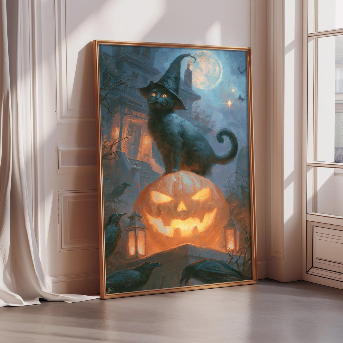 A framed painting depicting a black cat wearing a witch's hat, sitting atop a jack-o-lantern with a full moon in the background, surrounded by bats and other Halloween-themed elements.