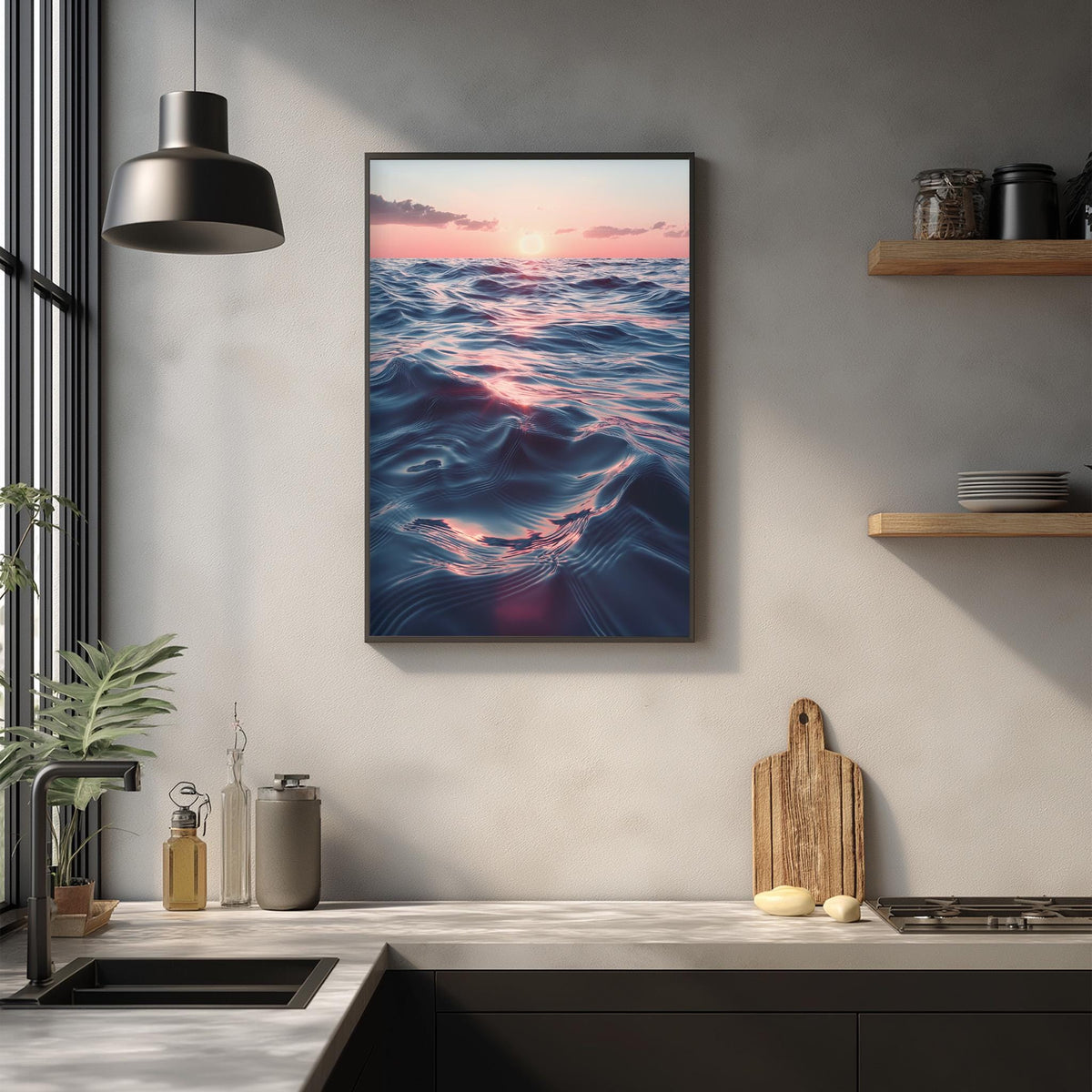 a kitchen counter with a framed picture of a seascape hanging above it. The kitchen counter has various items on it, including a cutting board, a bottle, and a vase. The overall scene has a modern and minimalist aesthetic.