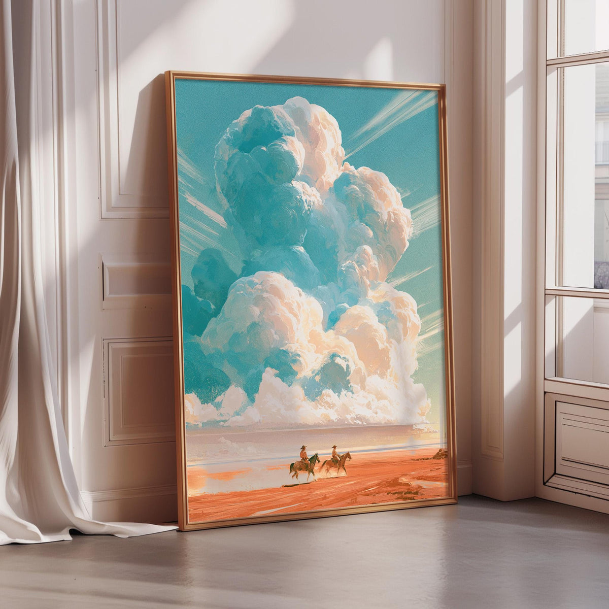 a large framed painting depicting a serene landscape with a cloudy sky, two people on horseback, and a desert-like setting.