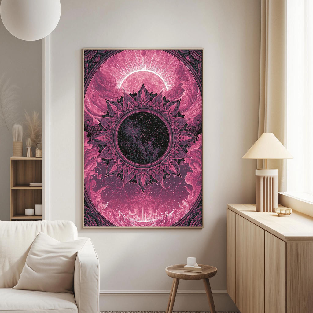 a large, vibrant, and intricate artwork hanging on a wall in a living room.