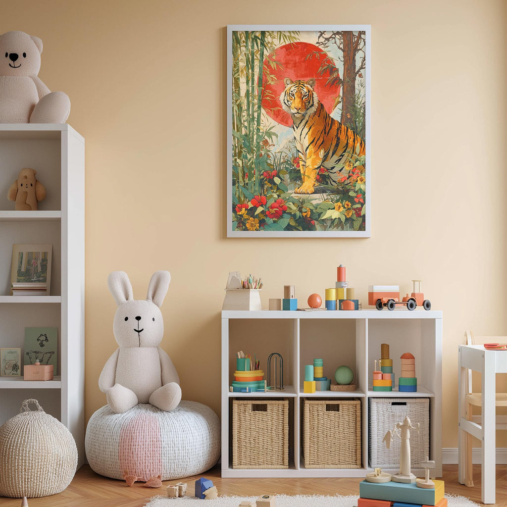 A child's bedroom with a large tiger painting on the wall, a white bookshelf filled with toys, and a stuffed rabbit sitting on a bean bag chair.