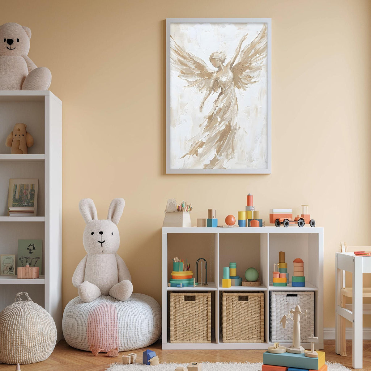 A cozy and well-organized children's playroom with a white bookshelf, a plush bunny, and a storage unit filled with toys and toys. A framed artwork of an angel with outstretched wings hangs on the wall above the storage unit.