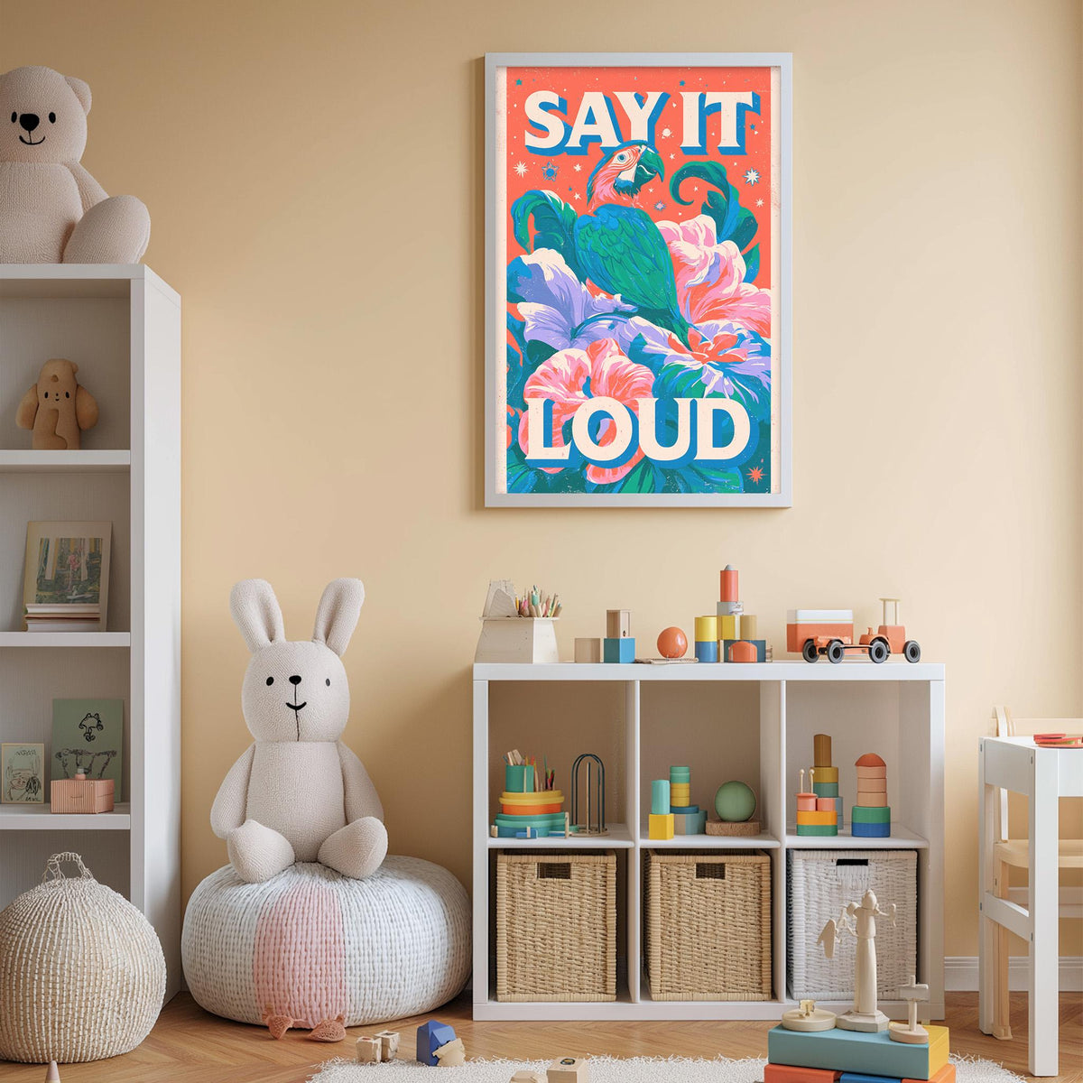 A child's bedroom with a large poster of a colorful bird on the wall, a stuffed rabbit, a toy train, and a toy car. The room also has a bookshelf, storage bins, and a toy chest.