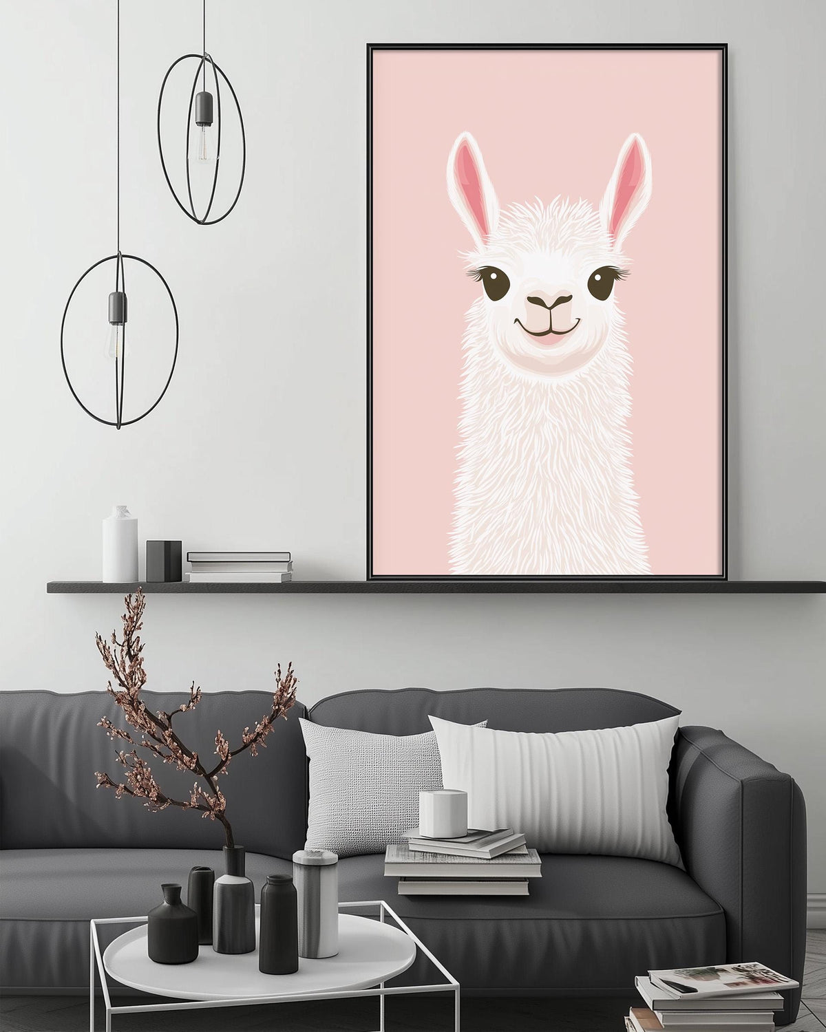 a cozy living room with a gray couch, a coffee table, and a large framed picture of a smiling llama on the wall above the couch.