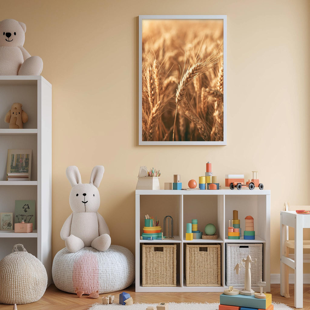A cozy and well-organized children's playroom with a variety of toys and storage solutions. The room features a large stuffed rabbit, a bookshelf, a toy chest, and a framed picture of wheat fields. The overall color scheme is warm and inviting, creating a comfortable and engaging environment for children to play and explore.