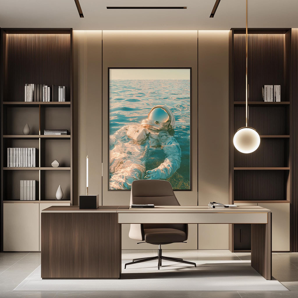 a modern office space with a large framed artwork of a person in a spacesuit on the wall, surrounded by bookshelves and a desk with a chair.
