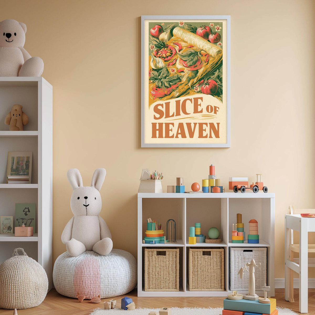 A child's bedroom with a white bookshelf, a stuffed rabbit, and a colorful poster of a slice of pizza hanging on the wall.