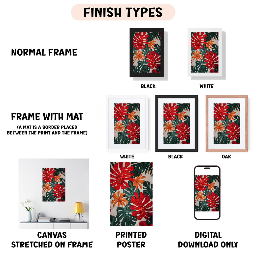 various types of artwork, including a framed print of a tropical plant design, a canvas stretched on a frame, a framed poster, and a digital poster. The artwork is presented in different frame colors and styles, such as a normal frame, a black frame, a white frame, and an oak frame. The image also includes text that provides information about the finish types of the artwork, such as a mat placed between the print and the frame, a canvas stretched on a frame, and a printed poster.