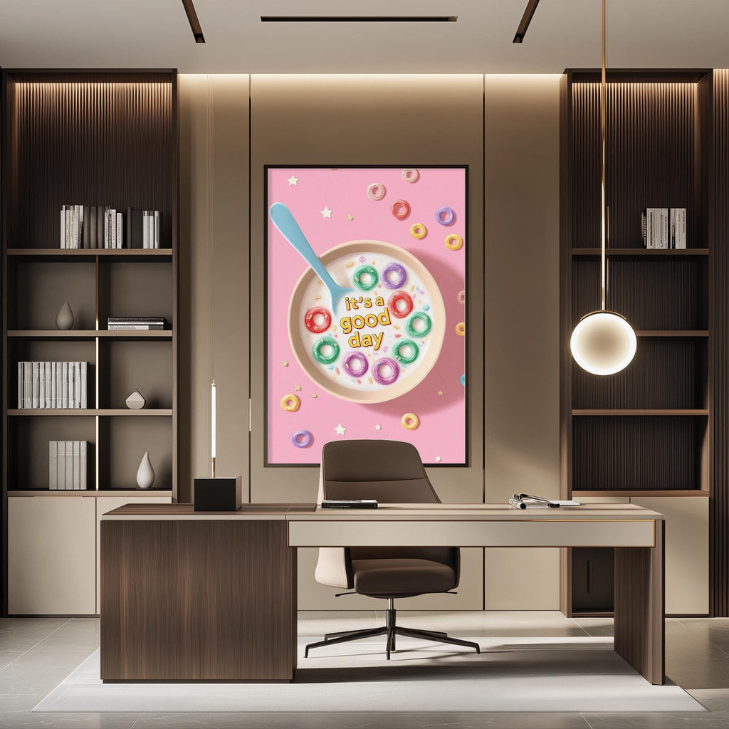 a modern office space with a large framed poster of a donut-filled bowl with the text "It's a good day" on it, hanging on the wall above a desk with a chair.