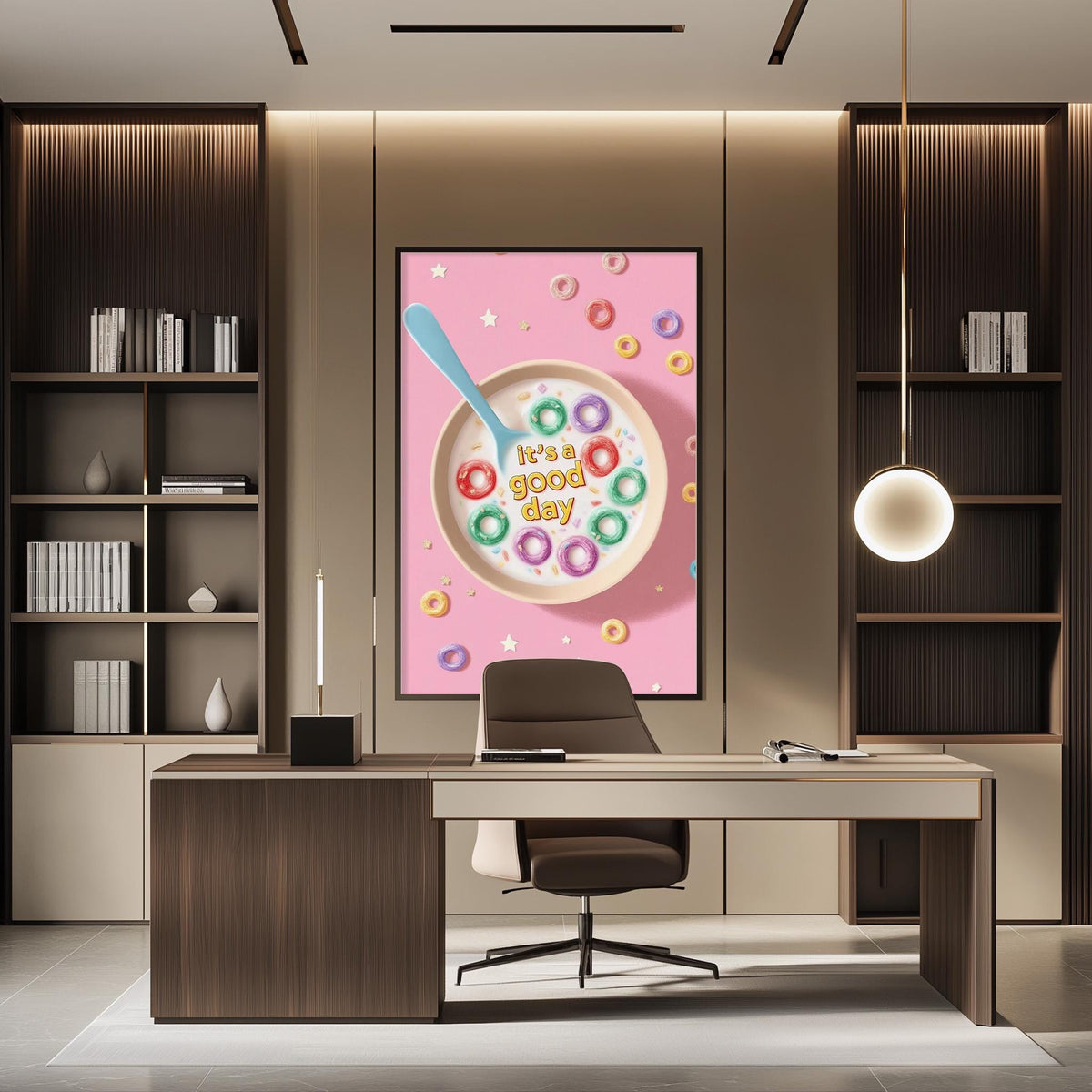 a modern office space with a large framed poster of a donut-filled bowl with the text "It's a good day" on it, hanging on the wall above a desk with a chair.