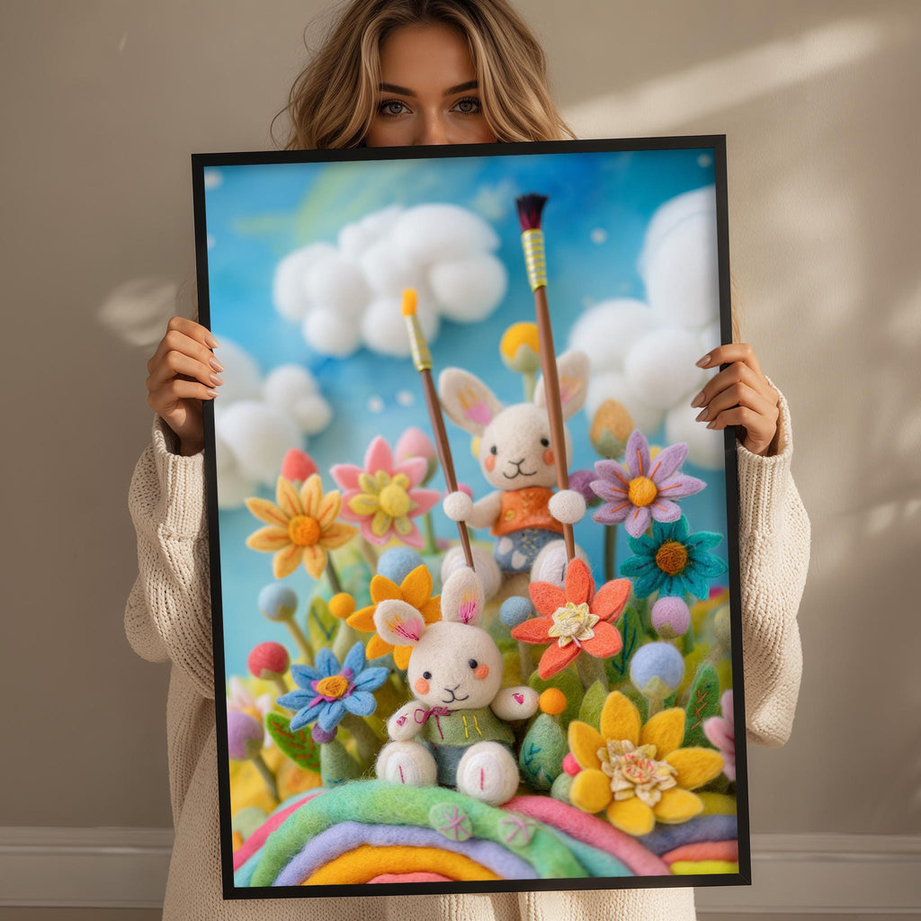 A woman holds up a framed picture depicting a whimsical scene with two rabbits surrounded by a vibrant array of flowers and plants.