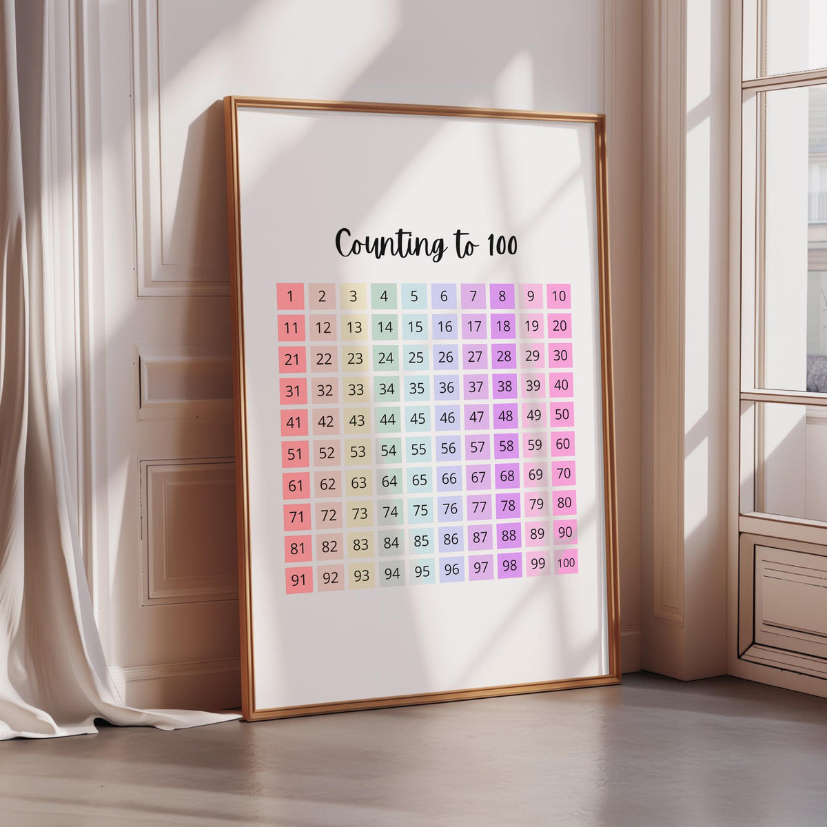 A poster titled "Counting to 100" is displayed on a wall, featuring a table of numbers from 1 to 100 with each number represented by a different color.