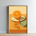 The image is a framed painting depicting an orange slice on a plate, with a rolled-up orange peel extending from the slice.