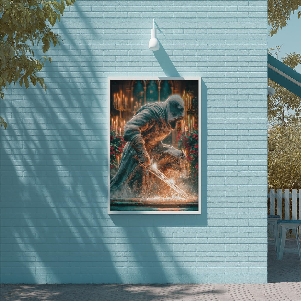 a large, framed painting of a person wielding a sword, set against a backdrop of a brick wall and a tree.