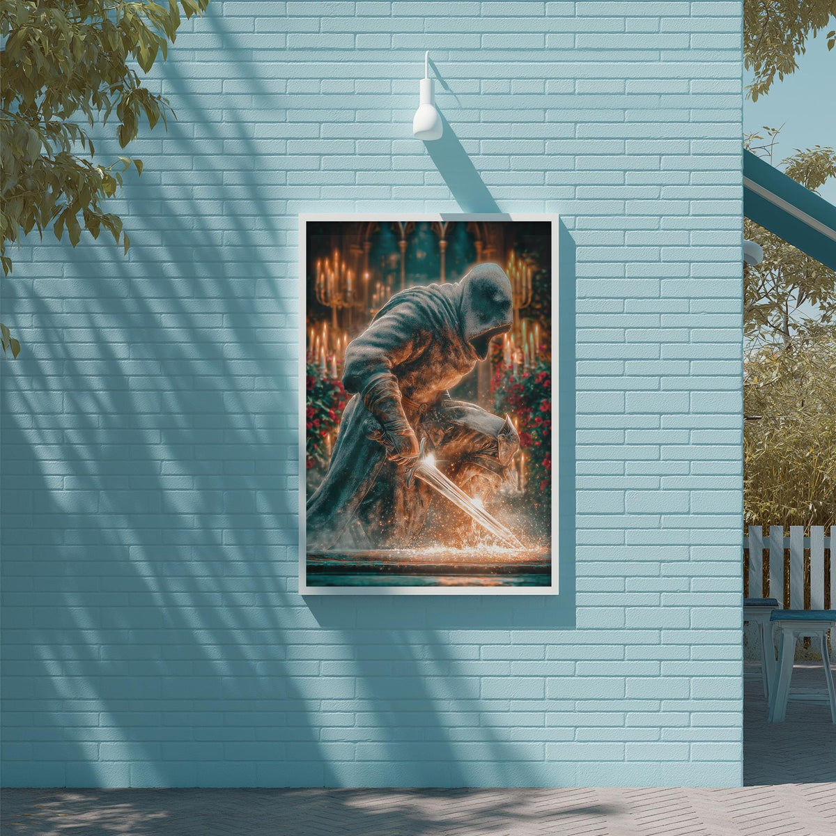 a large, framed painting of a person wielding a sword, set against a backdrop of a brick wall and a tree.